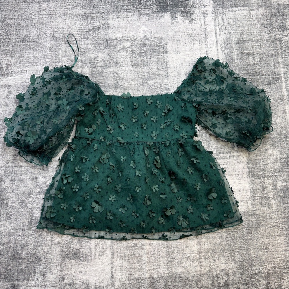 Thirty Thirty Top Women‎ Large Green Puff Sleeve Square Neck Floral Fairy Whimsy